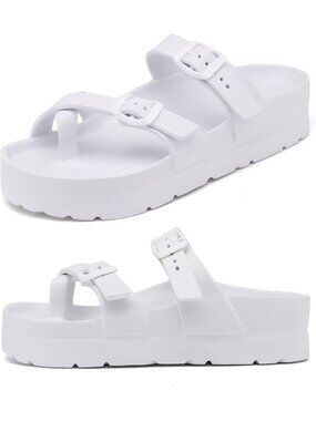 🆕 Women's White Strappy Toe Loop Cushion Slide Sandals EVA Waterproof Shoes